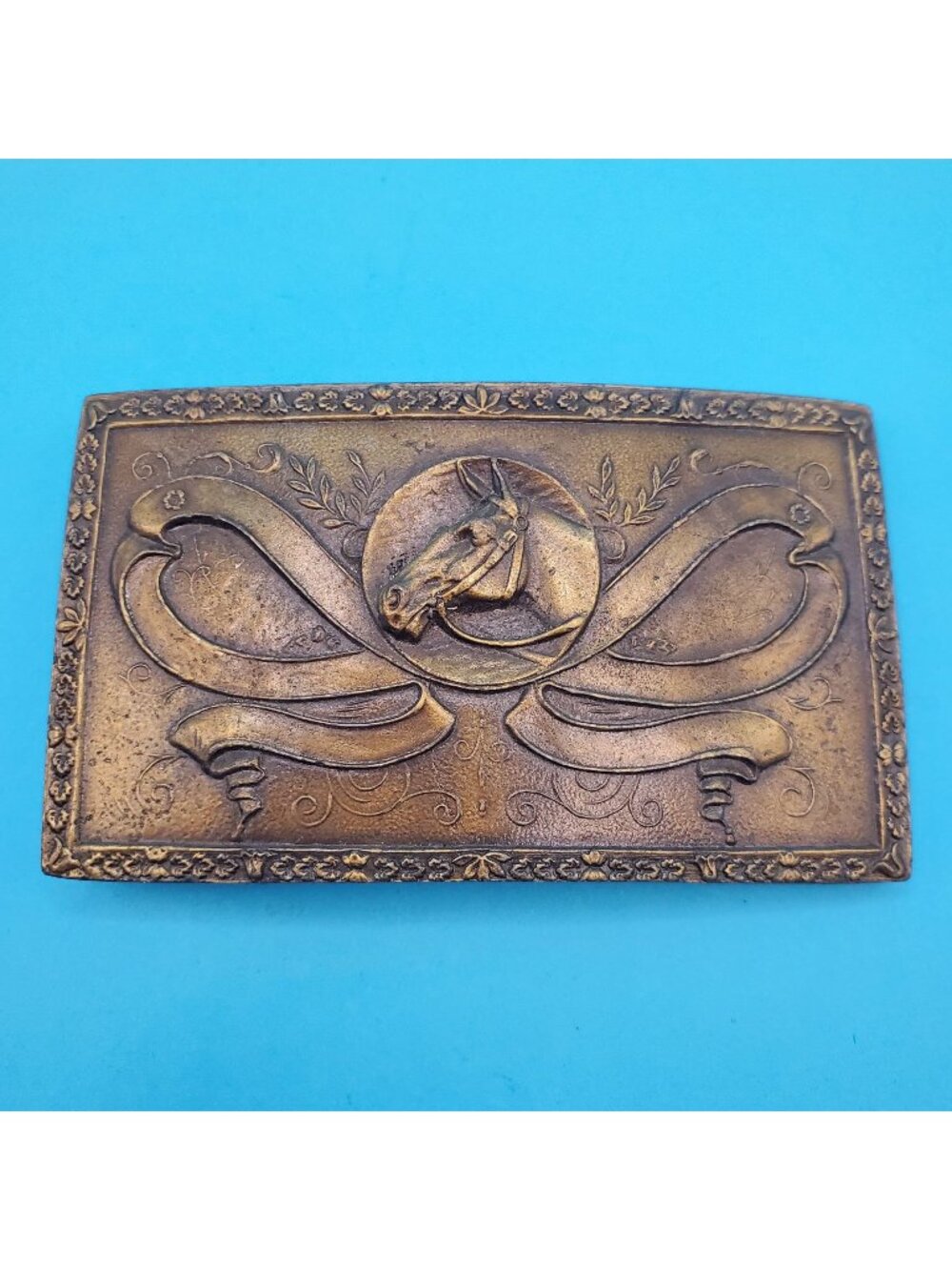 Vintage Brass Horse Head Belt Buckle With Ornate Floral Design Western Style Rec